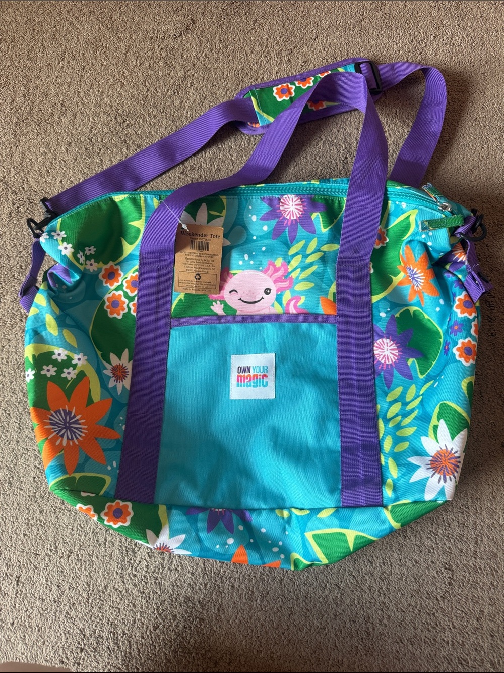 Colorful Floral Tote with Purple Straps